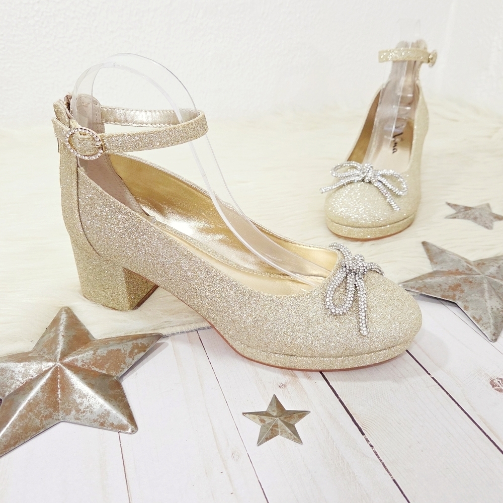 Nina Daylin Gold Glitter Girls Dress Shoes Metallic Rhinestone Bow Heels Size 6